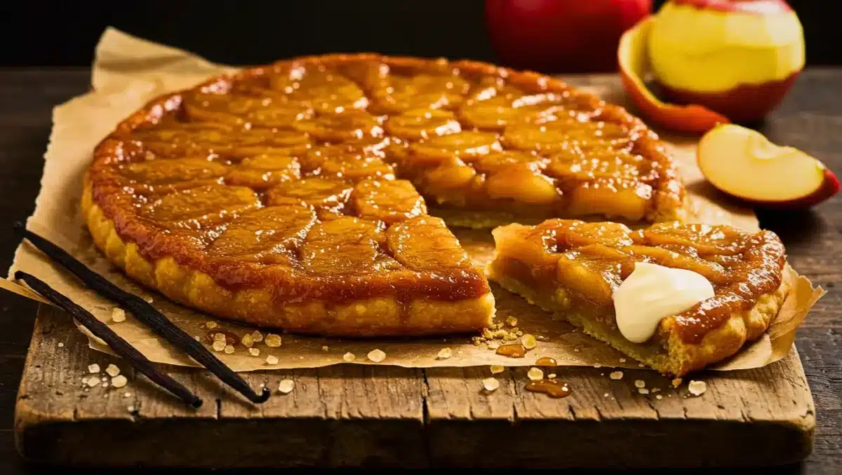Tarte Tatin caramélisée aux pommes servie sur une planche en bois, accompagnée de gousses de vanille et de sucre roux, avec une part nappée de crème fraîche.