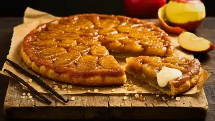 Tarte Tatin caramélisée aux pommes servie sur une planche en bois, accompagnée de gousses de vanille et de sucre roux, avec une part nappée de crème fraîche.