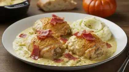 Assiette de poulet rôti nappé d’une sauce crémeuse, accompagné de purée de pommes de terre et garni de morceaux de jambon croustillant.