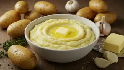 Bol de purée de pommes de terre crémeuse avec un carré de beurre fondant au centre, entouré de pommes de terre et d’ail frais.