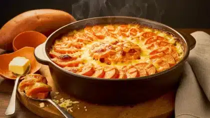 Gratin de patates douces doré au four, avec fromage fondant et surface croustillante, servi chaud dans un plat rond en fonte.