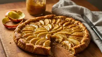 Tarte aux pommes rustique dorée et brillante, posée sur une planche en bois avec des pelures de pomme et un couteau à côté.