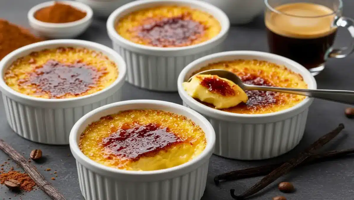 Crèmes brûlées dorées à la vanille servies dans des ramequins blancs, avec une cuillère révélant une texture fondante.