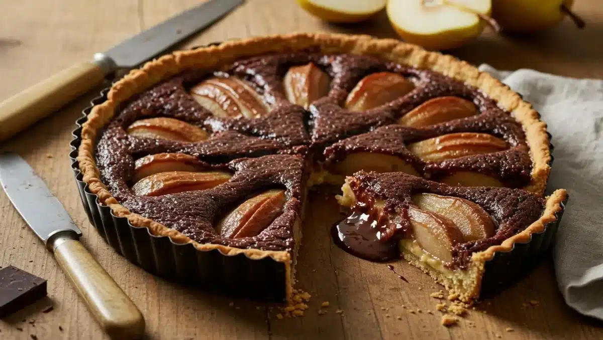 Tarte poire-chocolat fondante avec croûte dorée, poires fondantes et cœur coulant au chocolat noir.