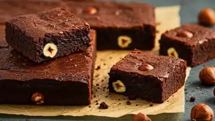 Brownie au chocolat noir et aux noisettes, découpé en carrés fondants, posé sur du papier cuisson, avec quelques noisettes entières autour.