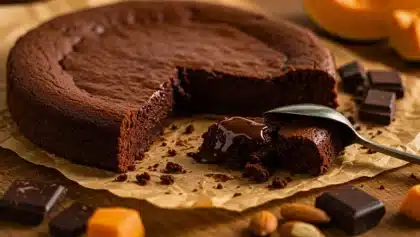 Gâteau au chocolat fondant avec cœur coulant, présenté sur du papier cuisson avec des carrés de chocolat et des éclats d’amande autour.