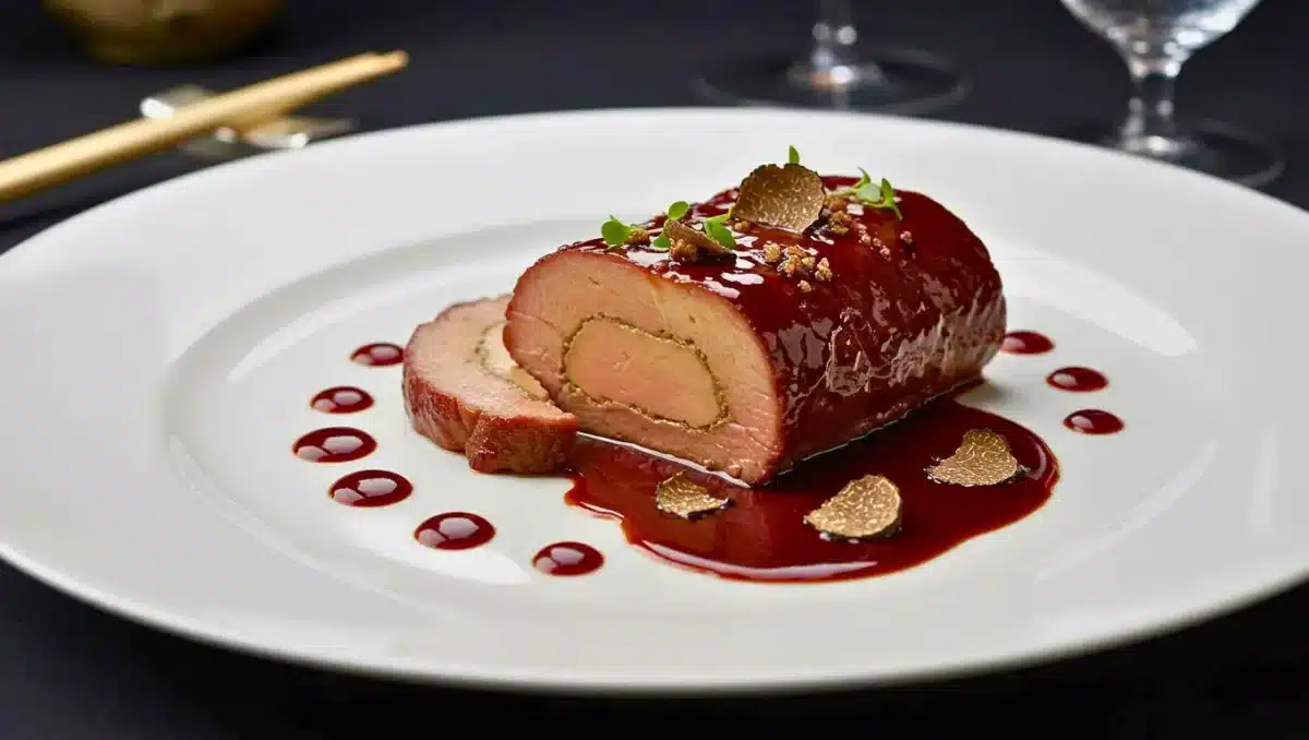 Assiette gastronomique de lièvre à la royale nappée d’une sauce brillante au vin rouge, décorée de truffes et de fines herbes.