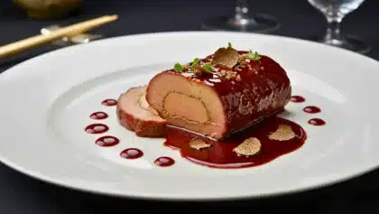 Assiette gastronomique de lièvre à la royale nappée d’une sauce brillante au vin rouge, décorée de truffes et de fines herbes.