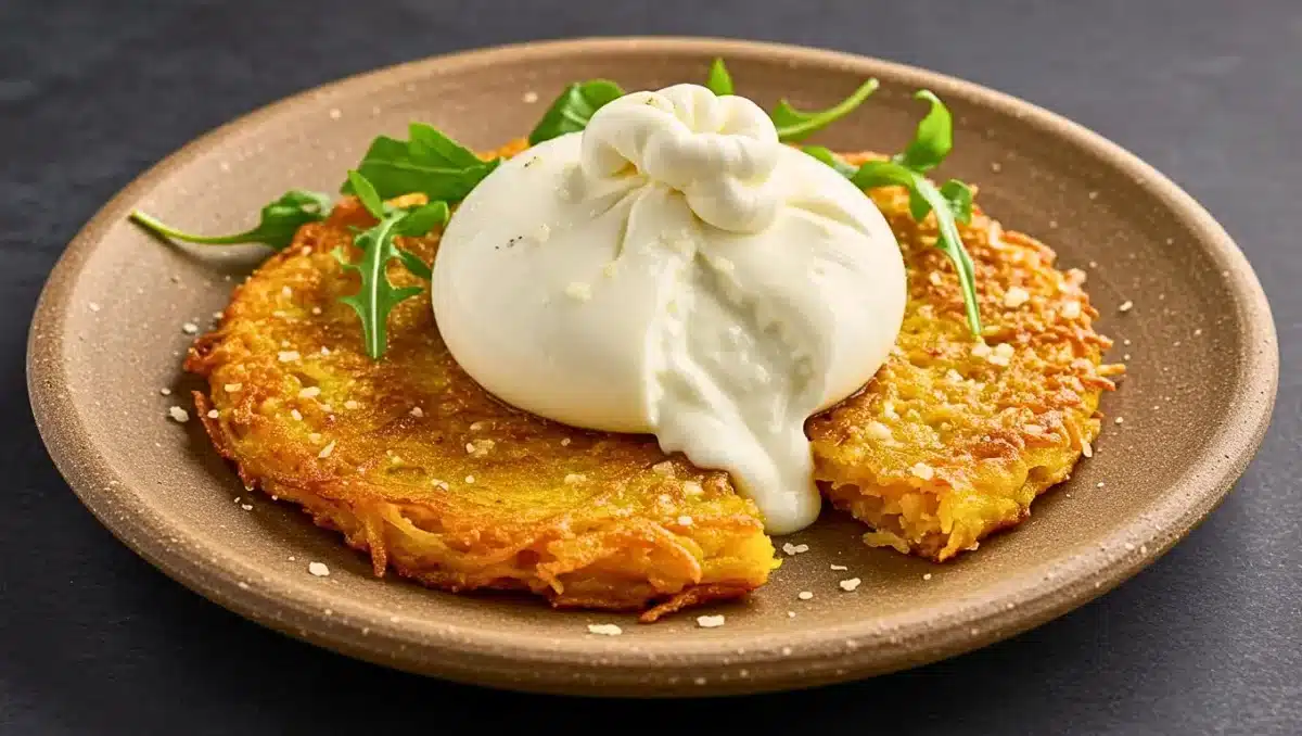 Galette dorée à la courge spaghetti croustillante, surmontée d’une burrata crémeuse qui coule, servie avec quelques feuilles de roquette.