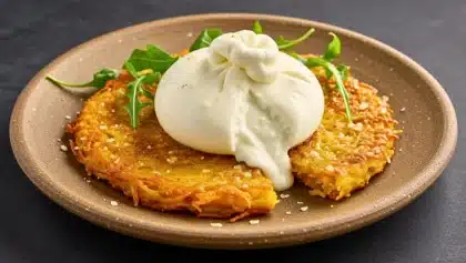 Galette dorée à la courge spaghetti croustillante, surmontée d’une burrata crémeuse qui coule, servie avec quelques feuilles de roquette.