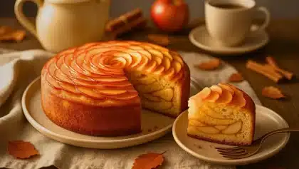 Gâteau invisible aux pommes doré et moelleux, décoré de fines tranches en rosace, présenté sur une table d’automne avec une tasse de café.