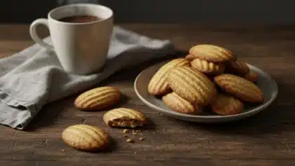 Assiette de langues de chat dorées et croustillantes, accompagnées d’une tasse de chocolat chaud sur une table en bois rustique.