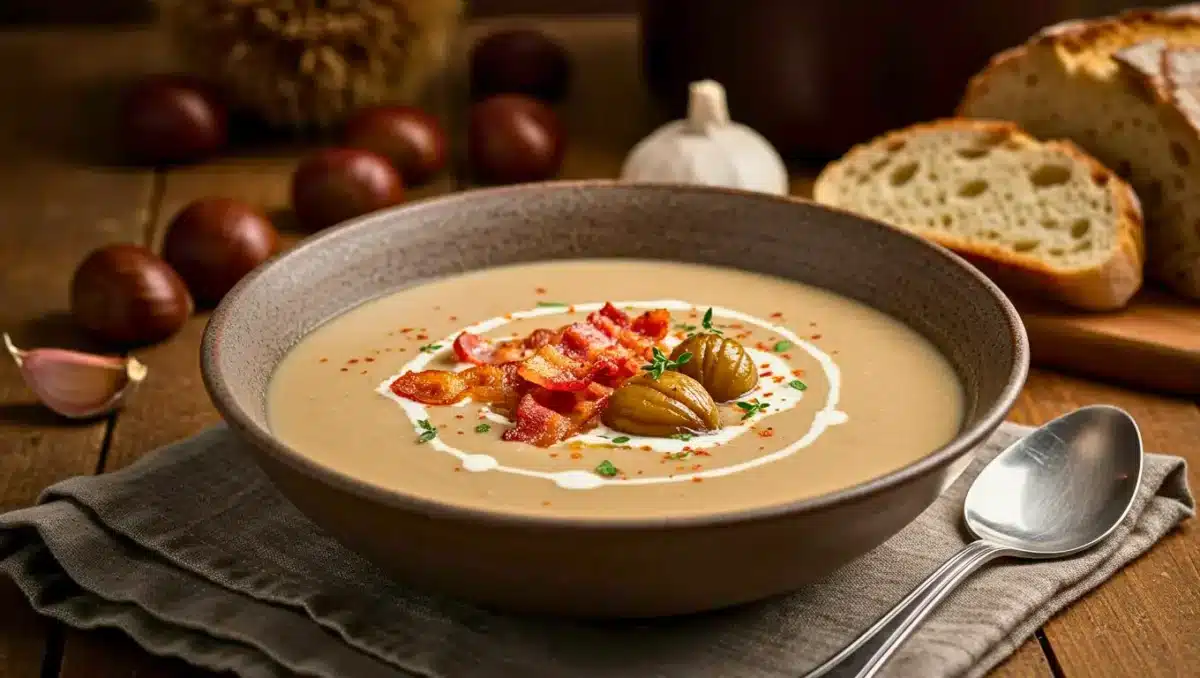 Bol de soupe ardéchoise crémeuse aux châtaignes, garni de lard croustillant, crème et herbes fraîches, avec du pain en arrière-plan.