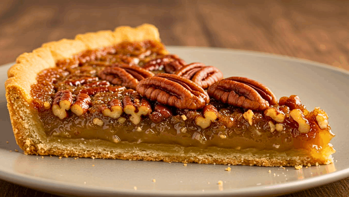 Part de tarte sablée aux noix de pécan, avec une garniture au caramel fondant et une pâte dorée croustillante.
