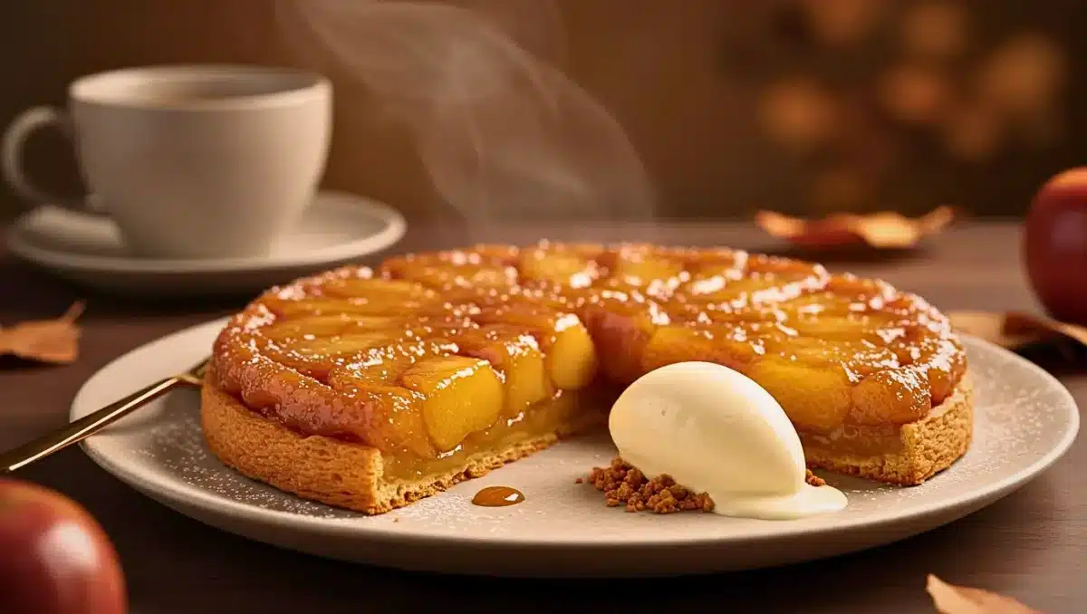 Tarte Tatin revisitée avec des feuilles de brick croustillantes et pommes caramélisées, servie chaude avec une boule de glace vanille.