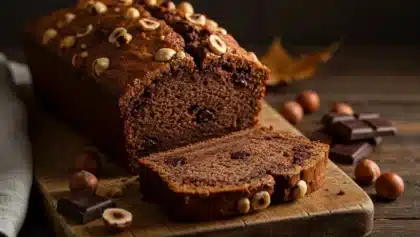 Cake moelleux au chocolat et aux noisettes posé sur une planche en bois, tranché pour révéler une texture fondante et gourmande, entouré de carrés de chocolat et de noisettes entières.