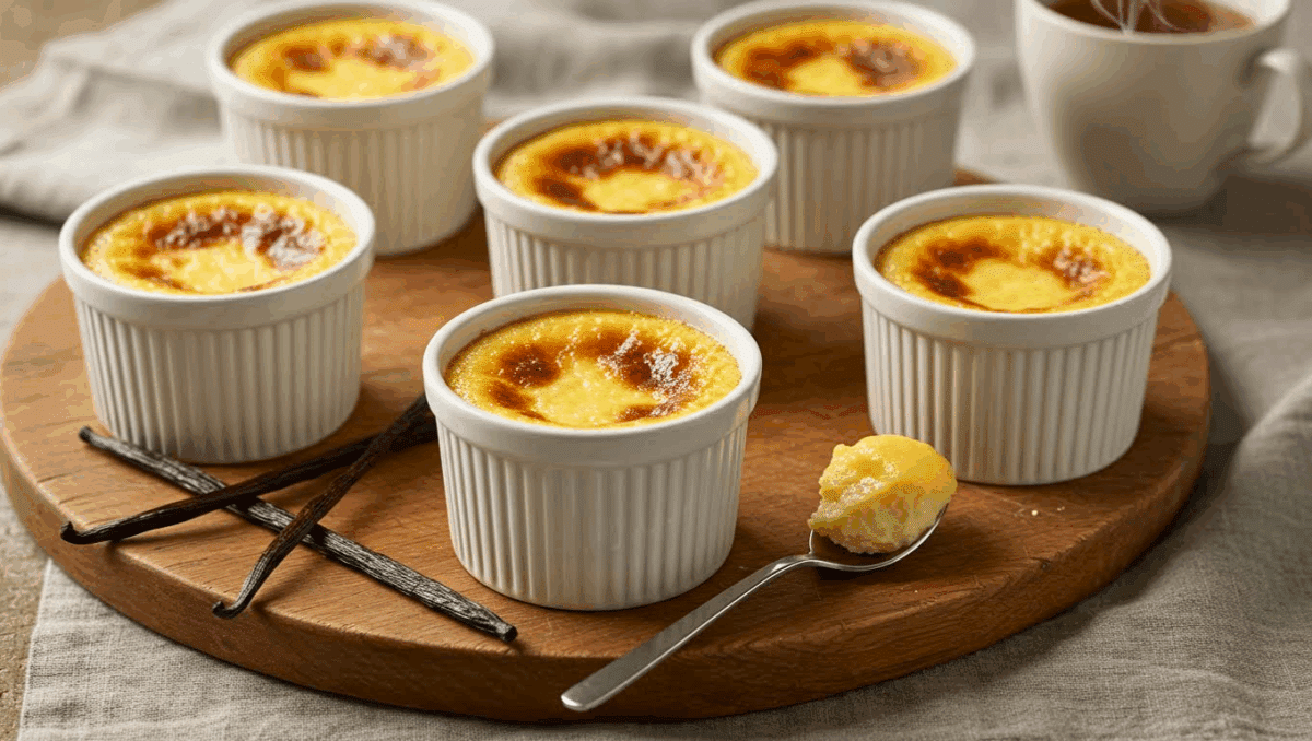 Petits flans maison à la vanille dans des ramequins blancs, servis sur un plateau en bois avec gousses de vanille et tasse de thé fumante.