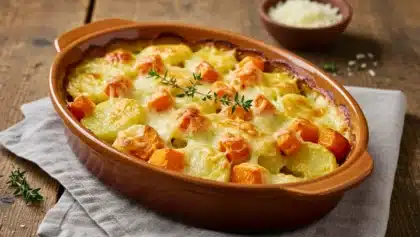 Plat de gratin d’automne avec cubes de butternut, panais et pommes de terre gratinés au fromage dans un plat en terre cuite.