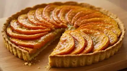 Tarte tatin salée au potimarron caramélisé, avec une part retirée, montrant les tranches de potimarron disposées en rosace sur une pâte dorée.