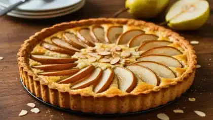 Tarte aux poires maison avec crème d’amande, présentée entière, décorée de tranches de poire en rosace et d’amandes effilées.