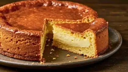 Gâteau basque doré avec une part découpée, révélant une couche de crème pâtissière à la vanille et au rhum.