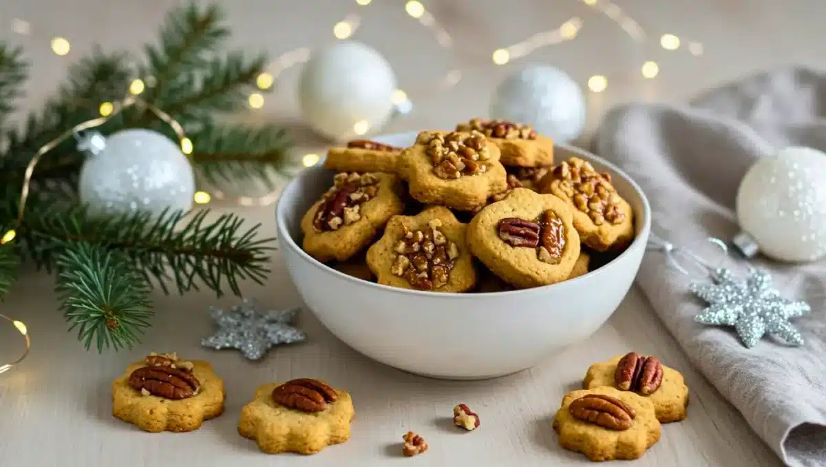 Biscuits de Noël aux noix dans un bol, décor de fête avec guirlande lumineuse et branches de sapin