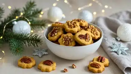 Biscuits de Noël aux noix dans un bol, décor de fête avec guirlande lumineuse et branches de sapin