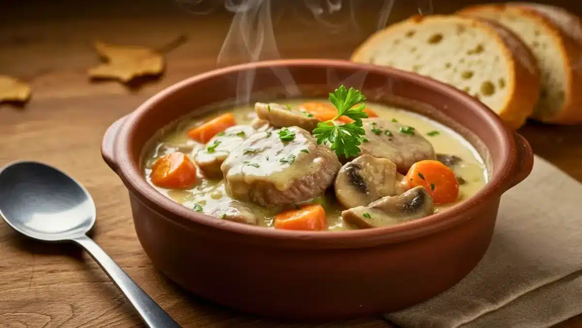 Blanquette de veau crémeuse servie dans un bol en terre cuite avec carottes et champignons, accompagnée de pain.