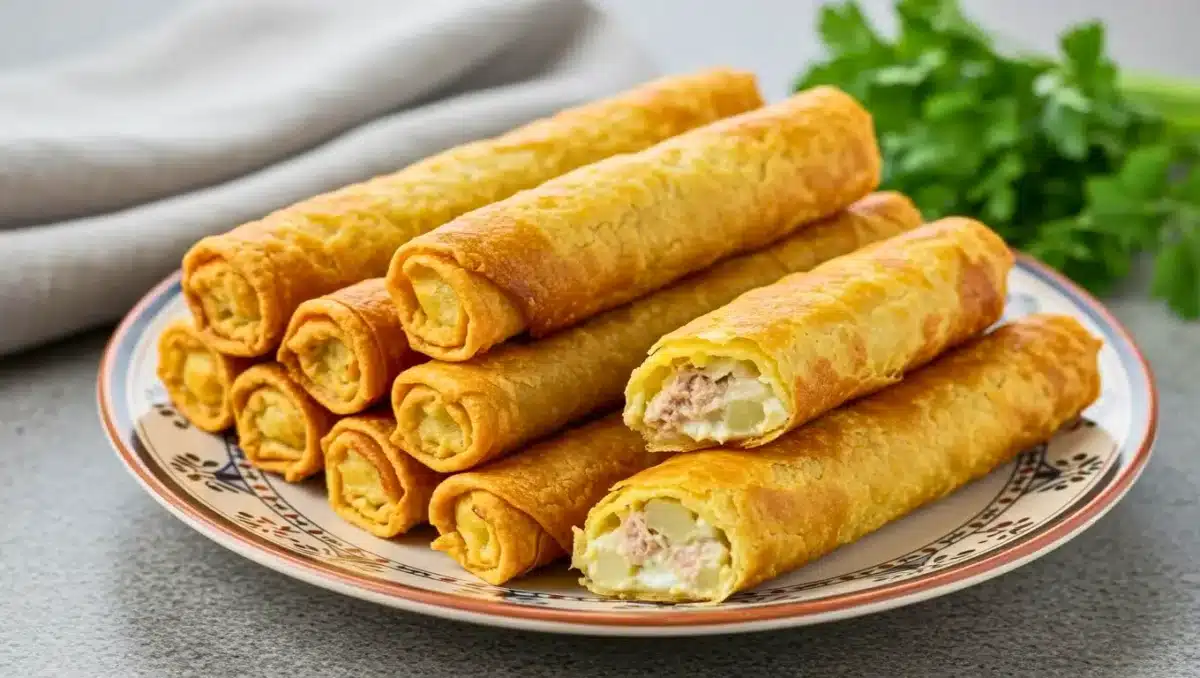 Cigares croustillants en feuilles de brick fourrés au thon, pommes de terre et œufs, présentés sur une assiette.