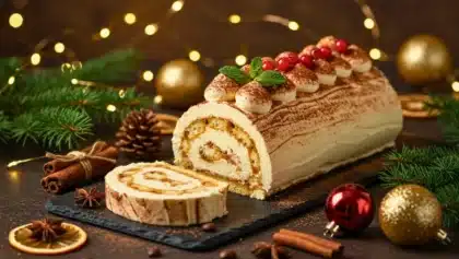 Bûche tiramisu à la vanille décorée pour Noël avec crème mascarpone et cacao, entourée de décorations festives