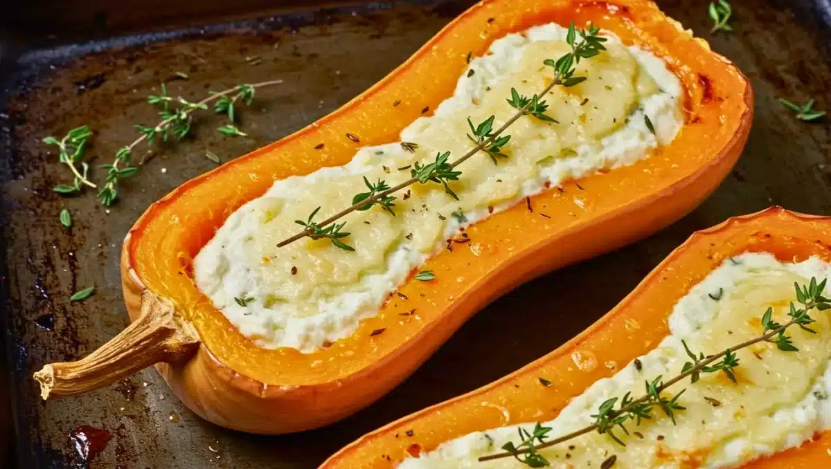 Courge butternut rôtie coupée en deux, farcie d’un mélange crémeux au fromage de chèvre et parsemée de thym.
