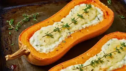 Courge butternut rôtie coupée en deux, farcie d’un mélange crémeux au fromage de chèvre et parsemée de thym.