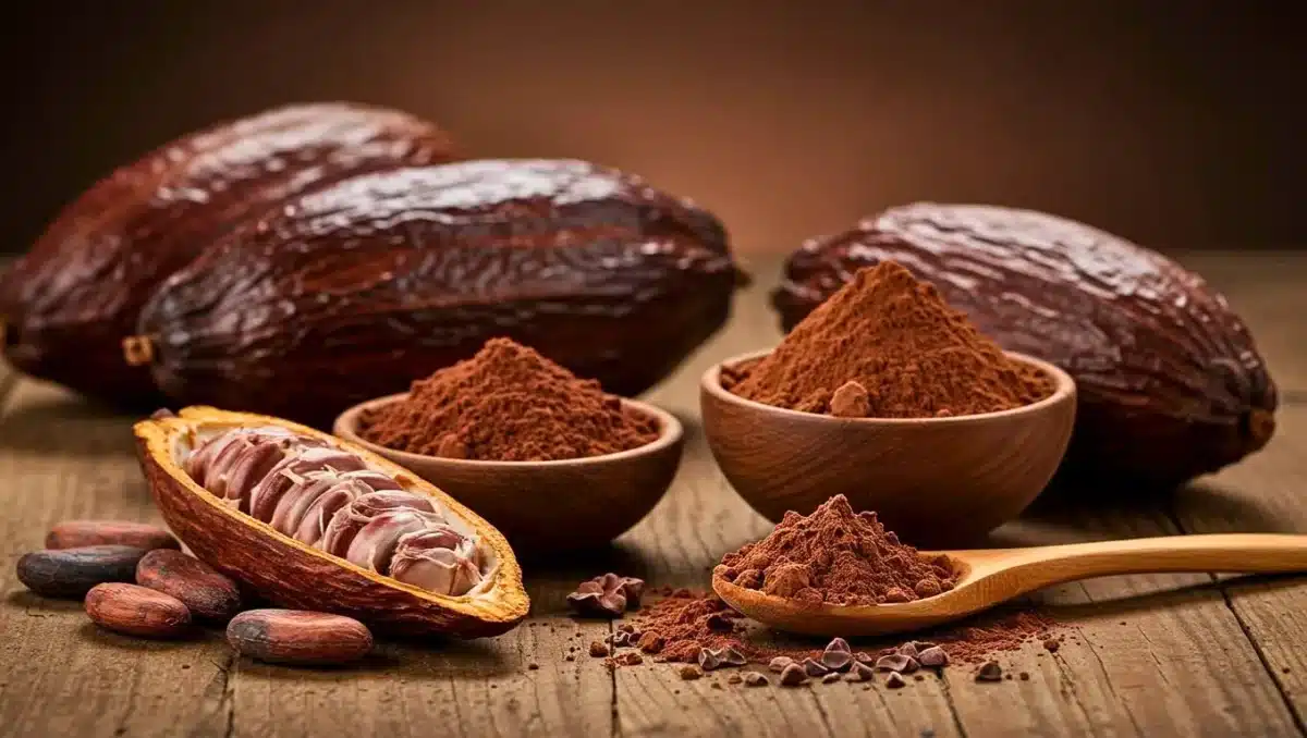Fèves de cacao entières, cabosse ouverte et poudre de cacao cru présentées dans des bols en bois sur une table rustique.