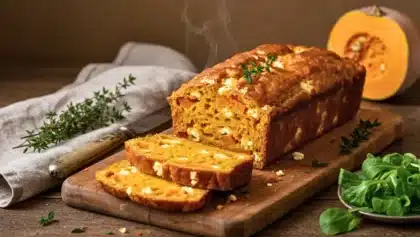 Cake salé au potimarron et à la feta posé sur une planche en bois, avec quelques tranches coupées, des herbes fraîches et un potimarron ouvert en arrière-plan, dans une ambiance chaleureuse d’automne.