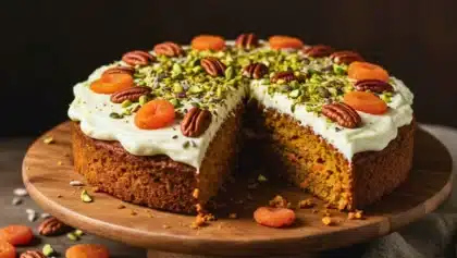 Carrot cake épais et moelleux recouvert d’un glaçage vanillé, décoré de pistaches, noix de pécan et abricots secs, avec une part coupée laissant voir la texture du gâteau.