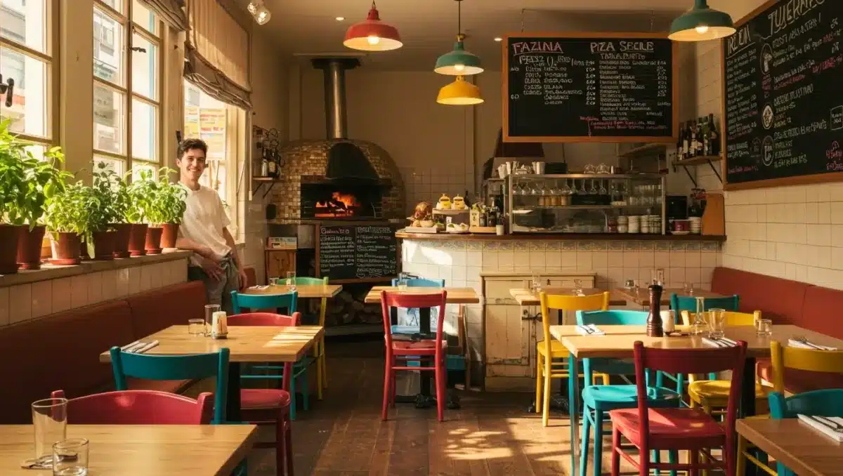 Intérieur d’un restaurant italien à Besançon avec un four à bois allumé, des chaises colorées, un chef souriant et une ambiance chaleureuse baignée de lumière naturelle.