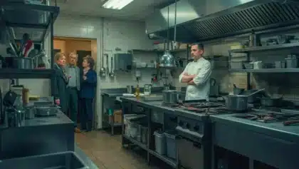 Cuisine de restaurant en difficulté avec Philippe Etchebest face aux propriétaires lors d’un épisode de Cauchemar en cuisine.