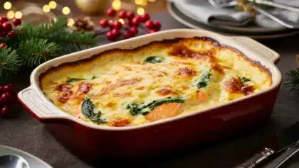 Gratin de saumon crémeux aux épinards, plat festif de Noël doré au four