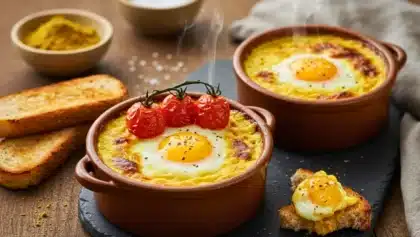 Œufs cocotte au lait de coco et curry servis dans des ramequins chauds avec tomates rôties