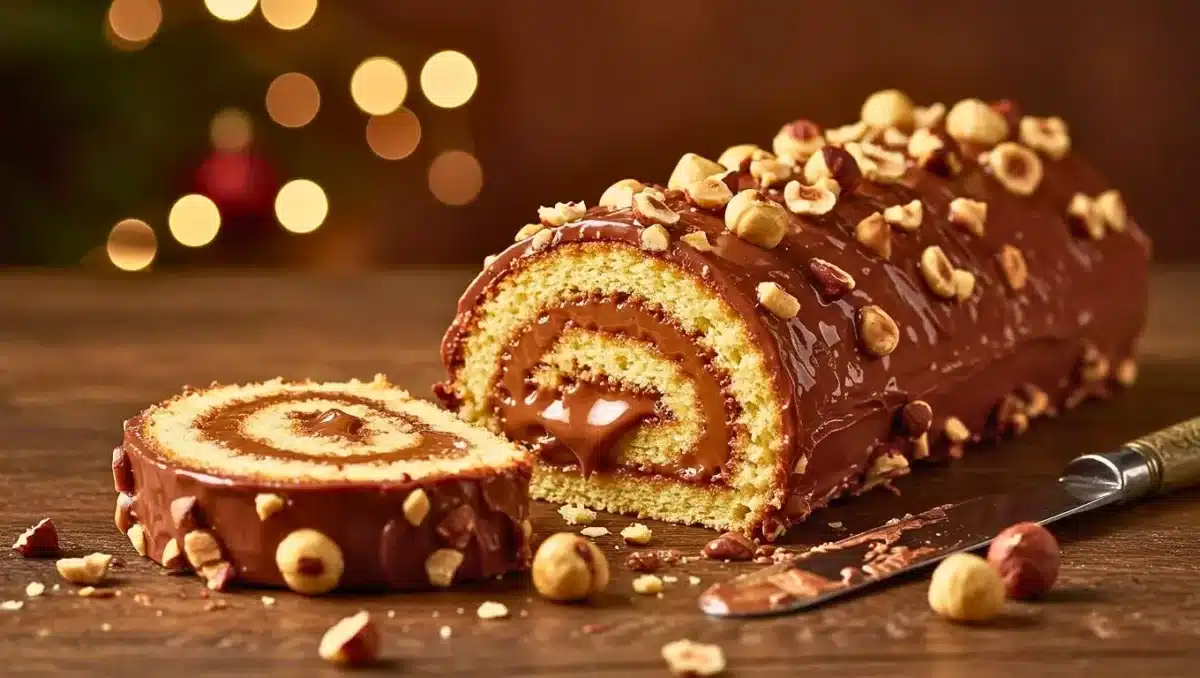 Bûche roulée au chocolat et noisettes façon Cyril Lignac, avec génoise moelleuse et glaçage fondant