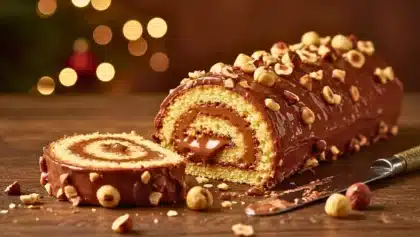Bûche roulée au chocolat et noisettes façon Cyril Lignac, avec génoise moelleuse et glaçage fondant