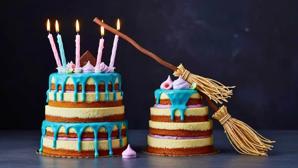 Deux gâteaux à étages décorés de glaçage bleu, de crème violette, de bougies allumées et d’un balai en nougatine posé en diagonale.