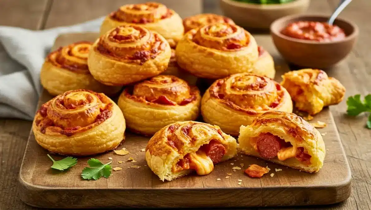 Roulés feuilletés au chorizo dorés et croustillants, avec fromage fondu au centre, présentés sur une planche en bois avec sauce tomate et herbes en décor.