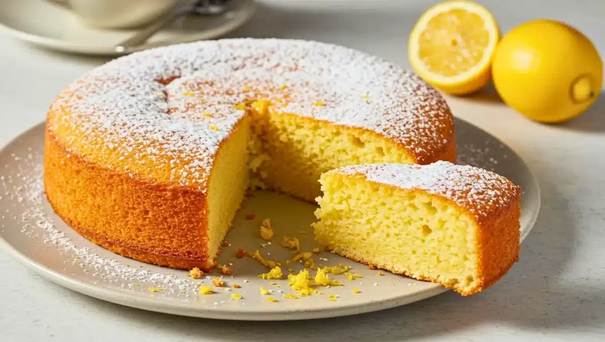 Gâteau moelleux au citron et à la ricotta, saupoudré de sucre glace, avec une part découpée laissant apparaître sa texture légère et fondante.