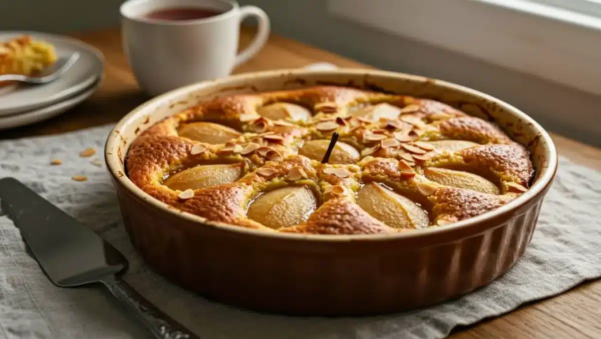 Gâteau minute poire–amande dans un moule rond en céramique, doré et garni d’amandes effilées, avec des poires entières visibles à la surface, posé sur un linge clair avec une tasse de thé à l’arrière-plan.