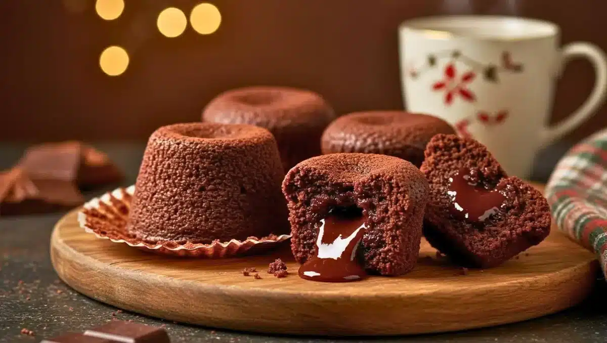 Muffins au chocolat avec cœur coulant, dont un coupé en deux laissant apparaître le chocolat fondu, présentés sur une planche en bois avec des carrés de chocolat en arrière-plan.