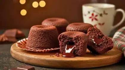 Muffins au chocolat avec cœur coulant, dont un coupé en deux laissant apparaître le chocolat fondu, présentés sur une planche en bois avec des carrés de chocolat en arrière-plan.