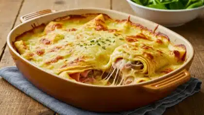 Crêpes salées roulées au jambon et champignons, nappées de béchamel et gratinées au fromage dans un plat à four, avec une portion tirée montrant le fromage filant.