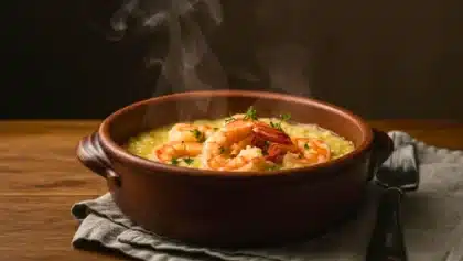 Bol de risotto crémeux aux crevettes fumantes, garni d’herbes fraîches, dans un plat en terre cuite.