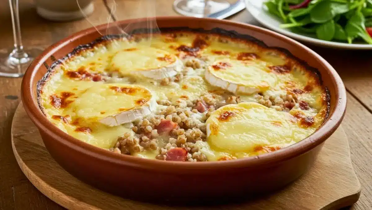 Croziflette servie dans un plat à gratin fumant, garnie de reblochon fondu et gratiné, avec crozets au sarrasin et lardons visibles sous le fromage.